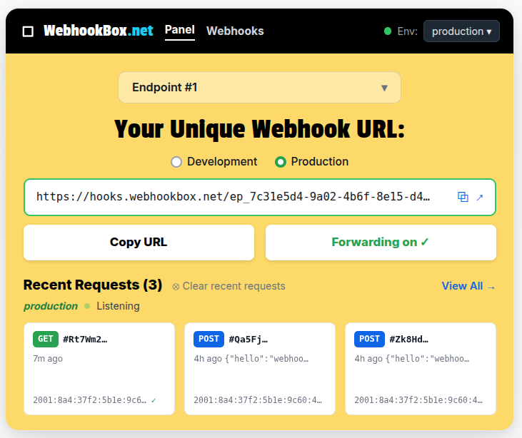WebhookBox panel with the unique webhook URL and recent deliveries arriving as cards