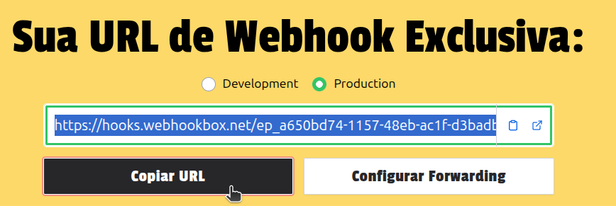 Painel do WebhookBox criando uma URL de webhook na hora, com o seletor de ambiente e o botão Copiar URL